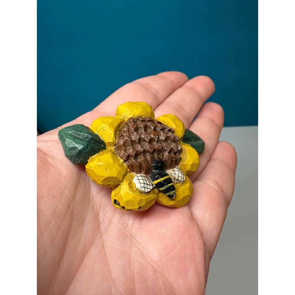 Signed Eddie Hand Carved Wooden Sunflower Bumblebee Brooch Yellow Folk Art Pin